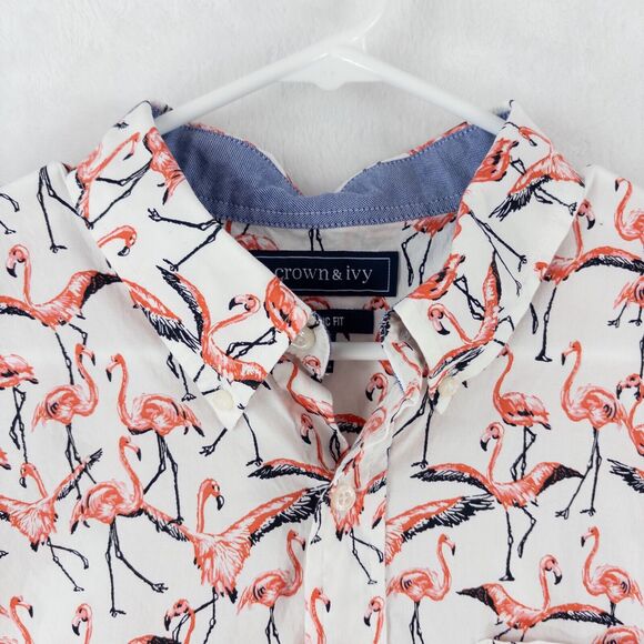Crown & Ivy Pink Flamingo Button Up Short Sleeve Shirt L Hawaiian Tropical Bird - Picture 2 of 13
